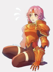 Rule 34 | 1girl, armor, c7hachis, fire emblem, fire emblem: the binding blade, full body, gwendolyn (fire emblem), headband, kneeling, looking to the side, medium hair, nintendo, open mouth, orange armor, pink eyes, pink hair, solo, thighhighs