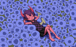 Rule 34 | 1girl, :o, arms behind head, barefoot, colored skin, demon girl, closed eyes, fc demon, horns, messier number, mushroom, oni, purple hair, reclining, red oni, red skin, skirt, solo, tank top, yume nikki