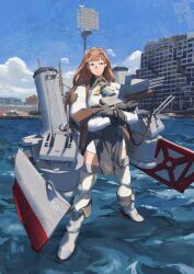 Rule 34 | 1girl, absurdres, adapted turret, blunt bangs, boots, brown hair, browning auto 5, crossed arms, green eyes, gun, helena (kancolle), highres, kantai collection, long hair, long sleeves, military uniform, neck ribbon, pelvic curtain, ribbon, rigging, rudder footwear, shotgun, smile, solo, thigh boots, thighhighs, uniform, very long hair, water, weapon, ye fan, yellow ribbon