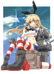 Rule 34 | &gt; &lt;, 10s, 1girl, :3, bandaid, blonde hair, closed eyes, cloud, drinking, elbow gloves, gloves, green eyes, hekicha, highres, kantai collection, legs, lifebuoy, long hair, long legs, looking at viewer, navel, rensouhou-chan, shimakaze (kancolle), sitting, sky, striped clothes, striped thighhighs, swim ring, thighhighs, thighs, torn clothes, torn legwear, white gloves