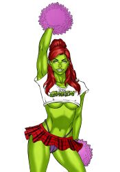 Rule 34 | 1girl, cheerleader, colored skin, female orc, green skin, lazgar (kitbashstudios), muscular, muscular female, orc, red hair, tusks