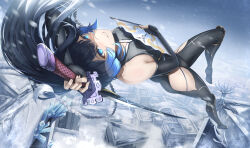 1girl alternate_costume bare_shoulders black_hair blue_eyes blue_hair breasts commission detached_sleeves folding_fan foreshortening gradient_hair hand_fan highres hip_vent holding holding_weapon katana katya_klein large_breasts long_hair looking_at_viewer low-braided_long_hair low-tied_long_hair multicolored_hair pantyhose perspective skyde_kei smile snowbreak:_containment_zone solo streaked_hair sword weapon