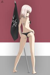 Rule 34 | 1girl, absurdres, acrux, ass, back, barefoot, bikini, black bikini, blue eyes, butt crack, closed mouth, commentary, emblem, english commentary, flag, flat ass, from behind, full body, girls und panzer, grey background, grey hair, halterneck, hand on own hip, highres, holding, holding flag, itsumi erika, kuromorimine (emblem), looking at viewer, looking back, lowleg, lowleg bikini, medium hair, red background, side-tie bikini bottom, smile, solo, standing, swimsuit