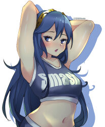 Rule 34 | 1340smile, 1girl, absurdres, armpits, arms up, bare shoulders, blue eyes, blue hair, breasts, clothes writing, commentary, crop top, fire emblem, fire emblem awakening, hairband, highres, long hair, looking at viewer, lucina (fire emblem), midriff, navel, nintendo, open mouth, small breasts, solo, sports bra, stomach, upper body, very long hair