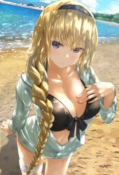 Rule 34 | beach, bikini, bikini under clothes, blonde hair, blue eyes, breasts, cleavage, fate/apocrypha, fate/grand order, fate (series), hairband, highres, jacket, jeanne d&#039;arc (fate), jeanne d&#039;arc (ruler) (fate), jeanne d&#039;arc (swimsuit archer) (fate), jeanne d&#039;arc (swimsuit archer) (first ascension) (fate), large breasts, long braid, long hair, looking at viewer, open clothes, open jacket, sakazakinchan, solo, standing, swimsuit, thigh strap, unzipped