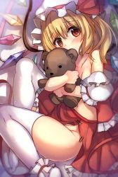 Rule 34 | 1girl, ankle cuffs, bare shoulders, blonde hair, blush, breasts, cleavage, collarbone, covered mouth, crystal, doll, flandre scarlet, frills, hat, hat ribbon, janne cherry, looking at viewer, lying, mob cap, navel, no panties, hugging object, off shoulder, on side, red eyes, red ribbon, ribbon, side ponytail, skirt, skirt set, small breasts, solo, stuffed animal, stuffed toy, teddy bear, thighhighs, touhou, wardrobe malfunction, white thighhighs, wings