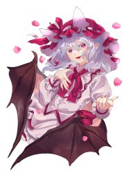 Rule 34 | 1girl, adapted costume, back bow, bat wings, blouse, bow, chamaruk, cropped torso, hair between eyes, hat, hat ribbon, heart, highres, long sleeves, looking at viewer, mob cap, nail polish, neckerchief, open mouth, petals, pink eyes, pink shirt, pink skirt, pointy ears, puffy sleeves, red bow, red nails, red neckerchief, red ribbon, remilia scarlet, ribbon, shirt, simple background, skirt, smile, solo, touhou, upper body, white background, wings