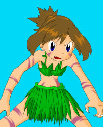 Rule 34 | 1girl, angry, aqua background, armpits, artist request, bare shoulders, blue eyes, brown hair, child, creatures (company), dirty, fang, female focus, fingernails, flat chest, game freak, grass skirt, leaf bikini, legs, looking at viewer, may (pokemon), midriff, navel, nintendo, open mouth, pokemon, pokemon adventures, sharp fingernails, short hair, short ponytail, simple background, solo, spread legs, standing, thighs