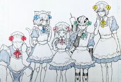Rule 34 | 1girl, 1other, 3boys, androgynous, animal ears, apron, arthropod boy, black nails, blue bow, bow, bowtie, cat ears, cat tail, closed eyes, green bow, hair bow, hair slicked back, highres, hunter x hunter, joints, juliet sleeves, kisaragi 02468, komugi (hunter x hunter), long earlobes, long hair, long sleeves, looking at another, maid, maid apron, maid day, maid headdress, menthuthuyoupi, meruem, multiple boys, neferpitou, partially colored, pink bow, puffy sleeves, red bow, shaiapouf, short hair, sketch, smile, squatting, stinger, tail, twintails, white background, yellow bow