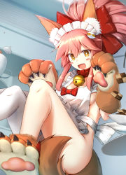 Rule 34 | 1girl, animal ears, animal hands, apron, basa rutan, bell, blush, blush stickers, bow, cake, checkerboard cookie, collar, cookie, fate/grand order, fate (series), food, fox ears, frilled apron, frills, hair bow, hairband, hands up, highres, jingle bell, naked apron, neck bell, open mouth, red bow, single thighhigh, smile, solo, tamamo (fate), tamamo cat (fate), tamamo cat (third ascension) (fate), tamamo no mae (fate/extra), thighhighs, white thighhighs
