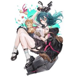 Rule 34 | 1girl, animal, aqua hair, black footwear, black jacket, black ribbon, black skirt, brown gloves, bruise, dog, dog treat, falling, fingerless gloves, full body, girls&#039; frontline, gloves, grin, gun, hair between eyes, hair ornament, hairclip, hand up, handgun, heart, holding, holding gun, holding weapon, id card, injury, jacket, unworn jacket, lanyard, leash, long hair, long sleeves, looking at viewer, m327 (girls&#039; frontline), mary janes, neck ribbon, official art, pet, pet cone, plaid, plaid skirt, pleated skirt, pomeranian (dog), popped button, red eyes, revolver, ribbon, rolling suitcase, scope, shirt, shoes, simple background, skirt, sleeveless, sleeveless shirt, smile, smith &amp; wesson m327, socks, solo, splatter background, stuffed animal, stuffed toy, suitcase, teddy bear, thigh strap, third-party source, transparent background, trigger discipline, weapon, white shirt, white socks, whoisshe, zipper