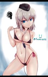 Rule 34 | 10s, 1girl, bad id, bad pixiv id, bikini, bikini pull, black bikini, blue background, blue eyes, breasts, cleavage, clothes pull, collarbone, cowboy shot, digital media player, earbuds, earbuds around neck, earphones, franz (217franz), girls und panzer, hat, highres, itsumi erika, large breasts, letterboxed, light brown hair, looking at viewer, micro bikini, navel, side-tie bikini bottom, smile, solo, squiggle, strap lift, swimsuit, twitter username, white background