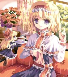 Rule 34 | 1girl, alice margatroid, blonde hair, blue dress, bow, capelet, couch, cup, dress, female focus, flower, flying, hair bow, hairband, hazakura satsuki, highres, indoors, nature, needle, open mouth, plant, purple eyes, red flower, red rose, rose, saucer, sewing, shanghai doll, sitting, solo, table, teacup, thread, touhou, vase, window