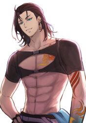 Rule 34 | 1boy, abs, arm tattoo, beard stubble, black hair, blue eyes, buckle, chest tattoo, collarbone, earrings, facial hair, fingerless gloves, gloves, hair between eyes, hand on own hip, highres, holostars, holostars english, jewelry, josuiji shinri, looking at viewer, male focus, silverfeather00, smile, snap-fit buckle, solo, stubble, tattoo, toned, toned male, upper body, virtual youtuber, white background