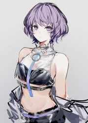 Rule 34 | 1girl, absurdres, bare shoulders, black shorts, commentary request, crop top, expressionless, fresnel (neural cloud), girls&#039; frontline, girls&#039; frontline neural cloud, grey background, highres, irikawa, jacket, looking at viewer, midriff, navel, purple eyes, purple hair, removing jacket, see-through, short hair, shorts, simple background, solo, upper body