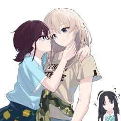 Rule 34 | 3girls, ?, ??, arms around neck, ayatsuki nina, black hair, blue bow, blue bowtie, blue eyes, blue shirt, blue skirt, blush, bow, bowtie, brown shirt, camouflage, camouflage jacket, chinese commentary, closed mouth, clothes around waist, commentary request, eye contact, girls band cry, green jacket, hand on another&#039;s neck, iseri nina, jacket, jacket around waist, kawaragi momoka, light brown hair, looking at another, multiple girls, parted lips, purple eyes, red hair, shirt, short sleeves, short twintails, simple background, skirt, smile, twintails, upper body, white background, yun cao bing, yuri