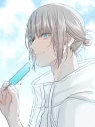Rule 34 | 1boy, alternate costume, blonde hair, blue eyes, closed mouth, cloud, fate/grand order, fate (series), fingernails, food, hair between eyes, hair bun, highres, hj0wisteria, holding, holding food, holding ice cream, ice cream, looking at viewer, oberon (fate), outdoors, sidelocks, single hair bun, sky, smile, solo, upper body