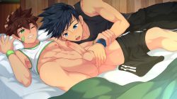 Rule 34 | 2boys, abs, anal, bed, blush, camp buddy, erection, fingering, hand on head, highres, keitaro nagame, lying, male focus, male penetrated, mikkoukun, multiple boys, natsumi hamasaki, penis, sweat, testicles, uncensored, yaoi