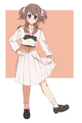 1girl 22/7 belt black_belt black_bow black_bowtie black_footwear blush bow bowtie brown_background brown_collar brown_hair closed_mouth collar fanged_bangs full_body hair_bow hair_ornament hand_on_own_hip highres long_hair long_sleeves looking_at_viewer pink_bow pink_socks pleated_skirt purple_eyes school_uniform sera_honoka shirt skirt skirt_hold smile socks solo standing tanpaku_(oqu_2) two-tone_background two_side_up white_shirt white_skirt