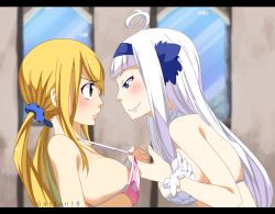 Rule 34 | 2girls, adjusting clothes, adjusting swimsuit, ahoge, angel (fairy tail), artist name, bare shoulders, bikini, bikini pull, bikini top only, blonde hair, blue eyes, blush, bra, breasts, clothes pull, eye contact, face-to-face, fairy tail, female focus, gaston18, hairband, half-closed eyes, imminent kiss, large breasts, lips, long hair, looking at another, low twintails, lucy heartfilia, multiple girls, naughty face, neck, parted lips, pink bikini, scrunchie, shy, sideboob, smile, swimsuit, twintails, underwear, upper body, white bikini, white hair, window, yuri