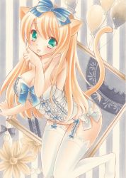 Rule 34 | 1girl, animal ears, bad id, bad pixiv id, balloon, bare shoulders, blonde hair, bow, breasts, cat ears, cat tail, cleavage, corset, flower, garter straps, green eyes, hair bow, highres, large breasts, lingerie, long hair, looking at viewer, marker (medium), original, panties, paw pose, pom77, solo, tail, thighhighs, tongue, tongue out, traditional media, underwear, white panties, white thighhighs
