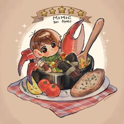 Rule 34 | 1boy, armor, belt, black pants, blush, boots, bread, bread slice, brown background, brown footwear, brown gloves, brown hair, chibi, chilchuck tims, closed mouth, crab claw, dungeon meshi, fingerless gloves, food, food request, french commentary, french text, fruit, gloves, green scarf, halfling, handkerchief, highres, in container, in food, large ears, leather armor, lemon, lemon slice, looking at viewer, male focus, omelettesyrup, pants, plaid, plate, reclining, scarf, shirt, short hair, sitting, sleeves rolled up, solo, spoon, star (symbol), sweatdrop, tomato, white shirt, wooden spoon
