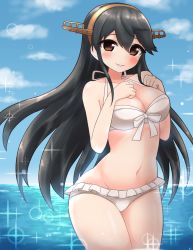 Rule 34 | 1girl, bikini, black hair, blue sky, breasts, brown eyes, cleavage, cloud, commentary request, cowboy shot, day, frilled bikini, frilled bikini, frills, hair ornament, hairband, hairclip, hands on own chest, haruna (kancolle), headgear, highres, horizon, kantai collection, large breasts, long hair, looking at viewer, ocean, outdoors, simoyuki, sky, solo, sparkle, swimsuit, white bikini