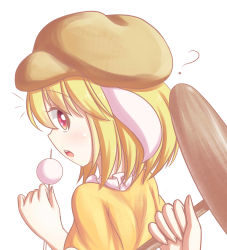 Rule 34 | 1girl, ?, absurdres, animal ears, blonde hair, rabbit ears, dior-zi, hat, highres, looking back, out of focus, red eyes, ringo (touhou), touhou