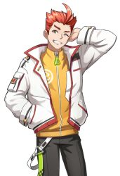 Rule 34 | digimon, digimon new century, jacket, official art, one eye closed, red eyes, red hair, smile, takasaki ryouta, transparent background, wink