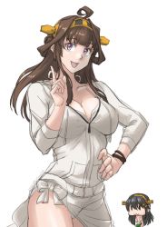 Rule 34 | 2girls, ahoge, bikini, breasts, brown hair, chibi, cleavage, commentary request, contrapposto, double bun, hairband, haruna (kancolle), headgear, highres, hood, hooded jacket, hoodie, index finger raised, jacket, kantai collection, kongou (kancolle), long hair, looking at viewer, medium breasts, multiple girls, purple eyes, sarong, simple background, solo focus, sozan, swimsuit, white background, white bikini, white jacket, white sarong