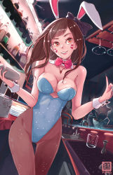 Rule 34 | 1girl, alcohol, animal ears, bar (place), bare shoulders, bartender, blue leotard, blue nails, bottle, bow, bowtie, breasts, brown eyes, brown hair, cleavage, commentary request, covered navel, cowboy shot, d.va (overwatch), detached collar, facepaint, facial mark, fake animal ears, fingernails, head tilt, highres, index finger raised, indoors, jewelry, leotard, lingerie, long hair, looking at viewer, medium breasts, nail polish, necklace, nekomimipunks, overwatch, overwatch 1, pantyhose, parted lips, pink lips, pink nails, playboy bunny, rabbit ears, signature, smile, solo, sparkle, strapless, strapless leotard, teeth, thigh gap, underwear, upper teeth only, watermark, whisker markings, wrist cuffs