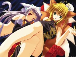 Rule 34 | 2girls, animal ears, antenna hair, aoi yuuji, bare shoulders, bell, blonde hair, blush, bra, breasts, bun cover, cat ears, cat tail, china dress, chinese clothes, collar, crossed legs, dress, dutch angle, earrings, elbow gloves, fox ears, fox tail, gloves, green eyes, jewelry, kitsune, kyuubi, large breasts, lingerie, multiple girls, multiple tails, neck bell, panties, puni puni handmaid, purple hair, red eyes, silver hair, sitting, smile, tail, tamamo (puni puni handmaid), underwear, yui (puni puni handmaid)