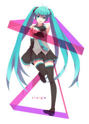 Rule 34 | 1girl, :&lt;, aqua eyes, aqua hair, boots, detached sleeves, hatsune miku, highres, long hair, mohi, mohi (neku re), necktie, pointing, simple background, skirt, solo, thigh boots, thighhighs, triangle, triangle mouth, twintails, very long hair, vocaloid, zettai ryouiki