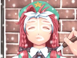 Rule 34 | 1girl, braid, calligraphy brush, closed eyes, commentary request, drawing on another&#039;s face, drooling, hair ribbon, hat, hong meiling, kanji, paintbrush, portrait, pov, pov hands, red hair, ribbon, shirosato, sleeping, snowing, star (symbol), touhou, twin braids