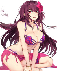 Rule 34 | 1girl, arm support, bare arms, bare shoulders, bikini, breasts, bridal garter, cleavage, collarbone, dated, fate/grand order, fate (series), flower, hair flower, hair ornament, hibiscus, highres, large breasts, leaning forward, long hair, looking at viewer, pink bikini, purple hair, red eyes, sarong, scathach (fate), scathach (fate/grand order), scathach (swimsuit assassin) (fate), see-through, signature, simple background, sitting, solo, straight hair, swimsuit, thighs, tsurime, very long hair, white background, yorei (death0813)