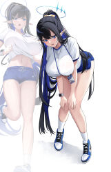 Rule 34 | 1girl, bare legs, black hair, blue archive, blue hair, blue shorts, blush, breasts, full body, giga-tera, gym shirt, gym uniform, halo, highres, huge breasts, id card, long hair, looking at viewer, multicolored hair, multiple views, navel, pointy ears, ponytail, rin (blue archive), running, shirt, shoes, short sleeves, shorts, simple background, sneakers, standing, stomach, two-tone hair, very long hair, white background, white shirt, zoom layer