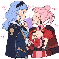 Rule 34 | 2girls, bags under eyes, blue hair, blush, breasts, brown eyes, chibi, cleavage, closed eyes, closed mouth, do m kaeru, earrings, fire emblem, fire emblem: three houses, fire emblem warriors: three hopes, gloves, hair over one eye, hilda valentine goneril, hoop earrings, jewelry, large breasts, long hair, long sleeves, marianne von edmund, multiple girls, nintendo, open mouth, pink eyes, pink hair, red gloves, shez (fire emblem), shez (male) (fire emblem), short hair, simple background, smile, upper body, white background, yuri