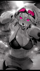 Rule 34 | 1girl, absurdres, boxer, boxing, boxing gloves, boxing shorts, bra, breasts, cleavage, commentary, cowboy shot, eyewear on head, hair between eyes, highres, incoming attack, incoming punch, large breasts, looking ahead, looking at viewer, monochrome, navel, niwamaru (niwarhythm), niwarhythm, open mouth, original, pink-tinted eyewear, pink eyes, punching, short shorts, shorts, solo, spot color, straight-on, sweat, tinted eyewear, underwear, v-shaped eyebrows