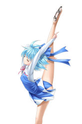 Rule 34 | 1girl, :o, adapted costume, arms up, ass, blue bow, blue dress, blue hair, blue leotard, blush, bow, breasts, bridal gauntlets, cirno, closed eyes, covered erect nipples, dancing, dress, eyebrows, figure skating, flexible, hair bow, highres, ice skates, leg up, leotard, leotard peek, long sleeves, pantyhose, parted lips, pinky out, red ribbon, ribbon, see-through, see-through legwear, short hair, sitting, skates, skating, skin tight, small breasts, solo, spread legs, tomoki tomonori, touhou, white background