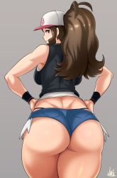 Rule 34 | 1girl, ass, blue eyes, breasts, brown hair, butt crack, creatures (company), curvy, from behind, game freak, grey background, hands on own hips, highres, hilda (pokemon), jmg, large breasts, long hair, looking at viewer, looking back, nintendo, pokemon, pokemon bw, ponytail, short shorts, shorts, signature, simple background, solo, thick thighs, thighs, thong, whale tail (clothing), wide hips