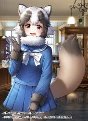 Rule 34 | 1girl, :d, alt text, animal ears, arm at side, black hair, black pantyhose, book, bookshelf, bow, bowtie, brown eyes, commentary, copyright notice, cowboy shot, day, english commentary, fur collar, gloves, hand up, indoors, japari symbol, kemono friends, kemono friends opening day, long sleeves, looking at viewer, medium hair, menna (0012), multicolored hair, open mouth, pantyhose, pleated skirt, raccoon ears, raccoon girl, raccoon tail, reflective floor, sailor collar, second-party source, shirt, skirt, smile, solo, tail, tanuki (kemono friends), two-tone hair, white hair