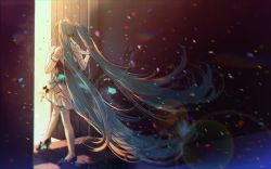 Rule 34 | 1girl, aqua ribbon, back bow, bare shoulders, black bow, black footwear, black ribbon, blue hair, blurry, bokeh, bow, chromatic aberration, confetti, darkness, depth of field, door, dress, elbow gloves, facing away, footwear ribbon, from behind, glint, gloves, hair ribbon, hatsune miku, high heels, highres, kleinlight, lens flare, light, light particles, long hair, miku symphony (vocaloid), motion blur, number tattoo, open door, pumps, ribbon, sash, shoes, short dress, shoulder tattoo, sleeveless, sleeveless dress, solo, stairs, tattoo, thighhighs, twintails, very long hair, vocaloid, walking, white dress, white gloves, white thighhighs, wide shot