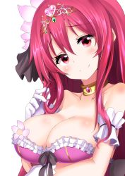 Rule 34 | 1girl, black bow, blush, bow, breasts, cattleya (flower knight girl), choker, cleavage, closed mouth, collarbone, flower knight girl, frills, gloves, hair ribbon, highres, large breasts, long hair, looking at viewer, minato yoshihiro, red eyes, red hair, ribbon, smile, solo, tiara, upper body, white background, white gloves, yellow choker