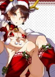 Rule 34 | 10s, 1girl, antlers, ass, bad id, bad pixiv id, bare shoulders, bikini, black eyes, blush, boots, breasts, brown hair, cameltoe, christmas, cleft of venus, covered erect nipples, earrings, gloves, hat, highres, horns, jewelry, kantai collection, red bikini, red footwear, red gloves, reindeer antlers, sack, santa hat, shikinami (kancolle), short hair, small breasts, solo, swimsuit, z-ton