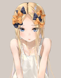 Rule 34 | 1girl, abigail williams (fate), bare shoulders, black bow, blonde hair, blue eyes, blush, bow, breasts, camisole, collarbone, fate/grand order, fate (series), forehead, hair bow, highres, jewelry, long hair, looking at viewer, multiple hair bows, necklace, open mouth, orange bow, parted bangs, sakazakinchan, sidelocks, small breasts, white camisole