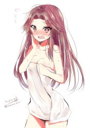 Rule 34 | 1girl, arm up, blush, breasts, brown eyes, brown hair, highres, hizaka, jintsuu (kancolle), kantai collection, long hair, looking at viewer, medium breasts, naked towel, one-hour drawing challenge, open mouth, red eyes, simple background, solo, towel, twitter username, water drop, wet, white background, white towel