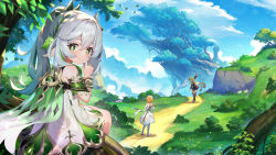 Rule 34 | 3girls, arm up, bare shoulders, blonde hair, blue sky, bracelet, cape, closed mouth, cloud, collei (genshin impact), commentary, cross-shaped pupils, day, dress, english commentary, facing away, falling leaves, finger to mouth, genshin impact, gradient hair, grass, green eyes, green hair, grey hair, highres, in tree, index finger raised, jewelry, landscape, leaf, long hair, looking at viewer, lumine (genshin impact), multicolored hair, multiple girls, nahida (genshin impact), outdoors, plant, pointy ears, raijuu (bakanara), shushing, sitting, sitting in tree, sky, smile, symbol-shaped pupils, tree, waving, white dress