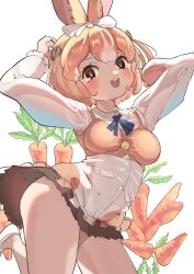 Rule 34 | 1girl, absurdres, animal ears, blue bow, blue bowtie, bow, bowtie, brown eyes, brown hair, carrot, domestic rabbit (kemono friends), dress, extra ears, highres, japari symbol, kemono friends, looking at viewer, osnmykk, rabbit ears, rabbit girl, ribbon, shoes, short hair, simple background, skirt, solo, white ribbon