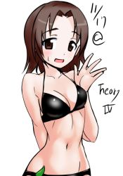 Rule 34 | 1girl, aegis (nerocc), arm behind back, bikini, black bikini, blush, breasts, brown eyes, brown hair, commentary, dated, girls und panzer, groin, looking at viewer, medium breasts, navel, one-hour drawing challenge, open mouth, parted bangs, sawa azusa, short hair, smile, solo, standing, sweatdrop, swimsuit, twitter username, upper body, waving