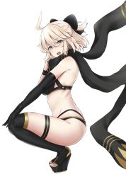 Rule 34 | 1girl, ahoge, bare shoulders, bikini, black bikini, black bow, black footwear, black gloves, black scarf, blonde hair, boots, bow, breasts, commentary request, elbow gloves, fate/grand order, fate (series), from side, gloves, grey eyes, hair bow, half updo, hand up, highleg, highleg bikini, looking at viewer, looking to the side, medium breasts, mitsukazu (nijigen complex), okita j. souji (fate), okita j. souji (first ascension) (fate), okita souji (fate), okita souji (koha-ace), open mouth, platform boots, platform footwear, scarf, short hair, single glove, solo, swimsuit, thigh boots, thigh strap, thighhighs, thighs, toeless footwear, wristband